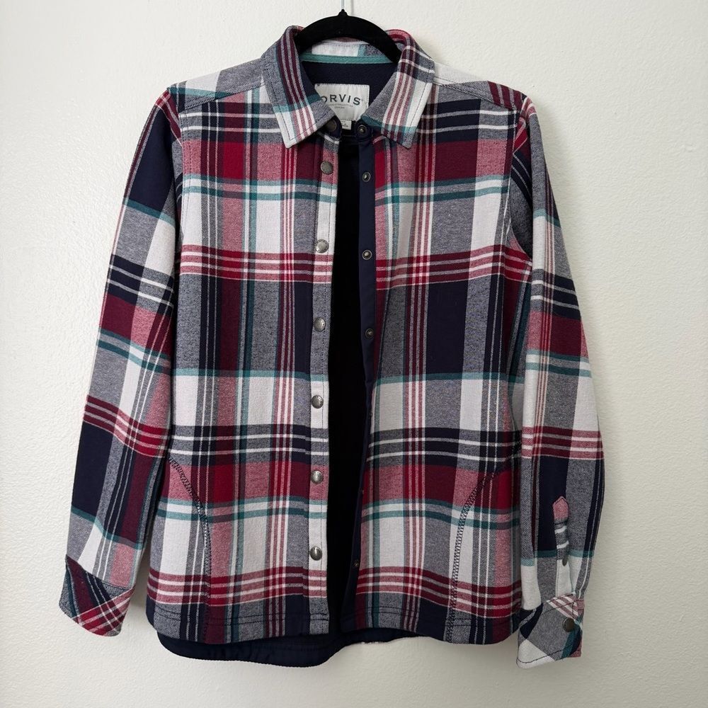 Orvis Fleece Lined Shacket Womens Sz Sm Plaid Flannel Snap Shirt Jacket Red Blue